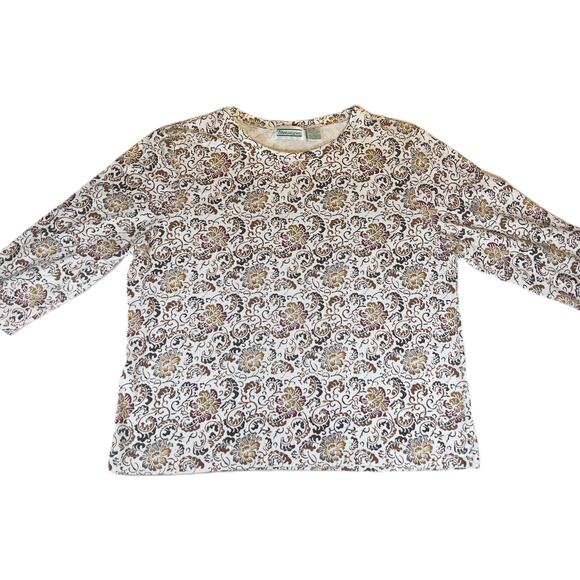 Shenanigans Shirt Woman's XL Floral Crew Neck 3/4 Sleeves Browns & White Fall - Picture 1 of 12